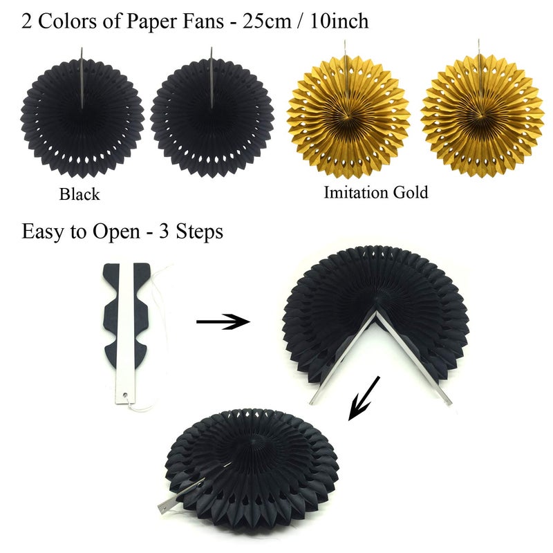 ZERODECO Party Decoration, 21 Pcs Black and Gold Hanging Paper Fans, Pom Poms Flowers, Garlands String Polka Dot and Triangle Bunting Flags for Birthday Parties Wedding DÃ©cor, Table & Wall Decorations - Image 3